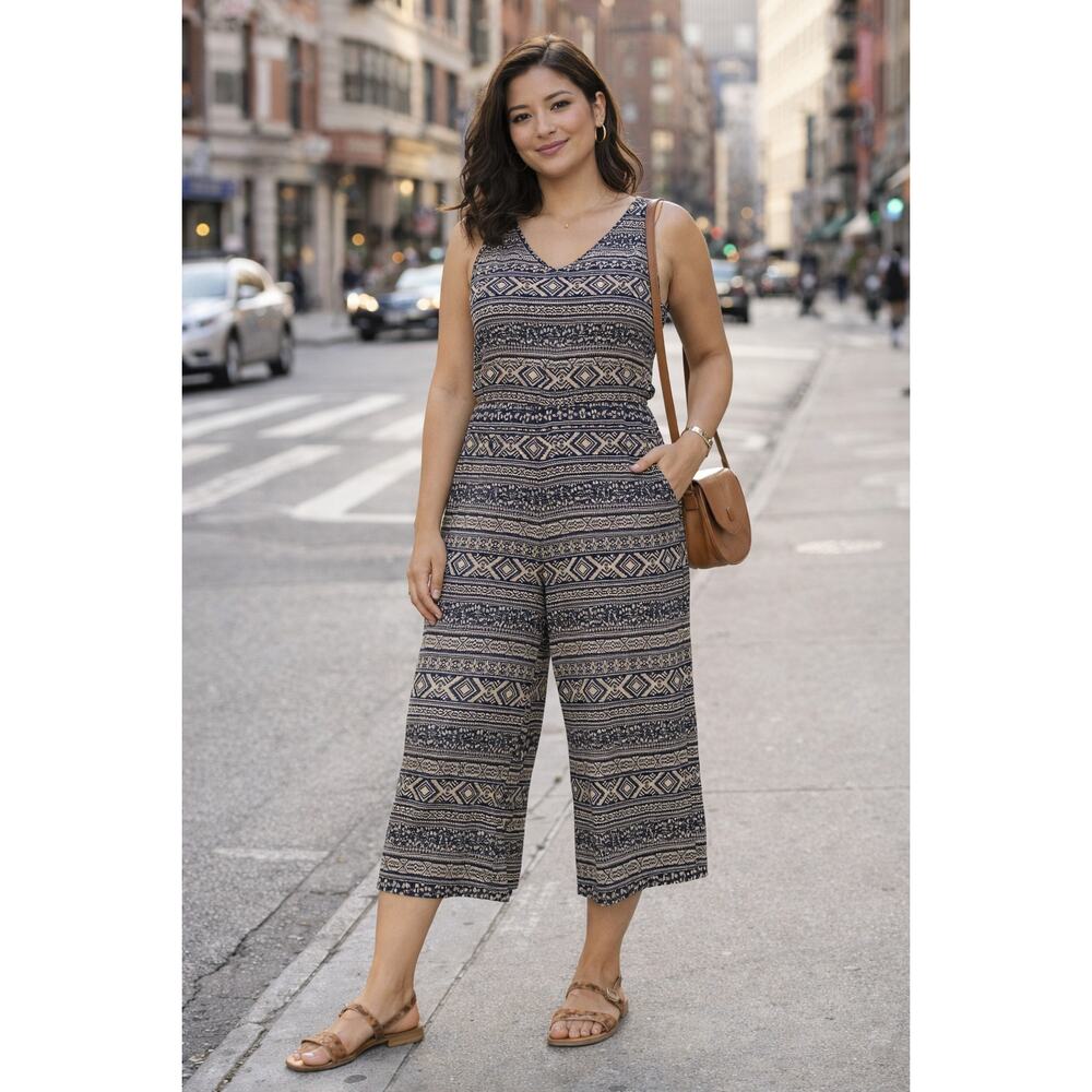 LulaRoe Navy Taupe‎ Natalie Southwestern Print Sleeveless Wide Leg Jumpsuit M